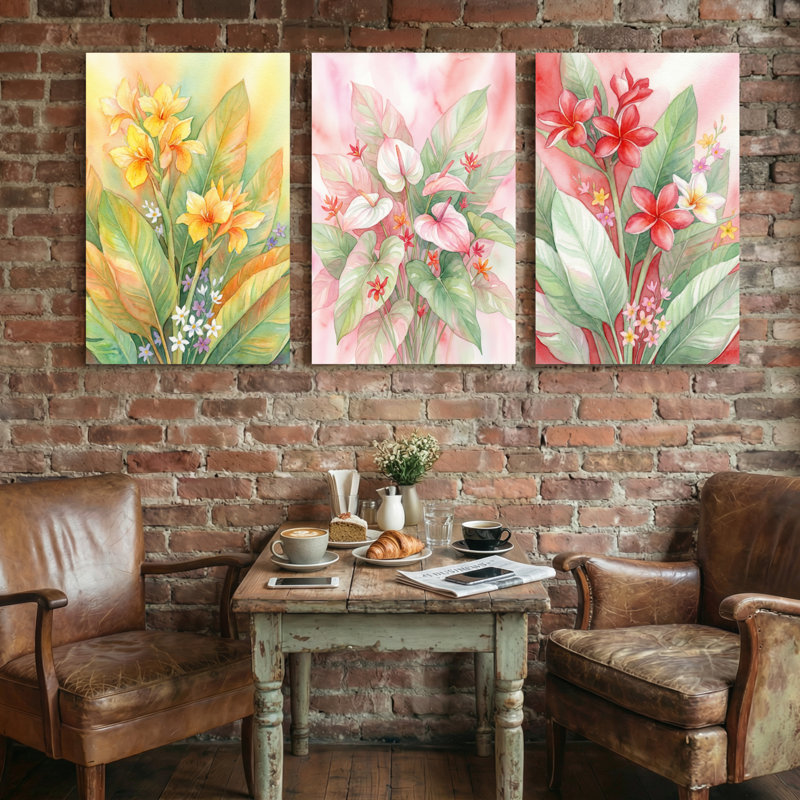 Plantes et fleurs, motif floral avec couleurs vives et feuilles, ensemble de 3 impressions sur toile, H 36 po x l 72 po