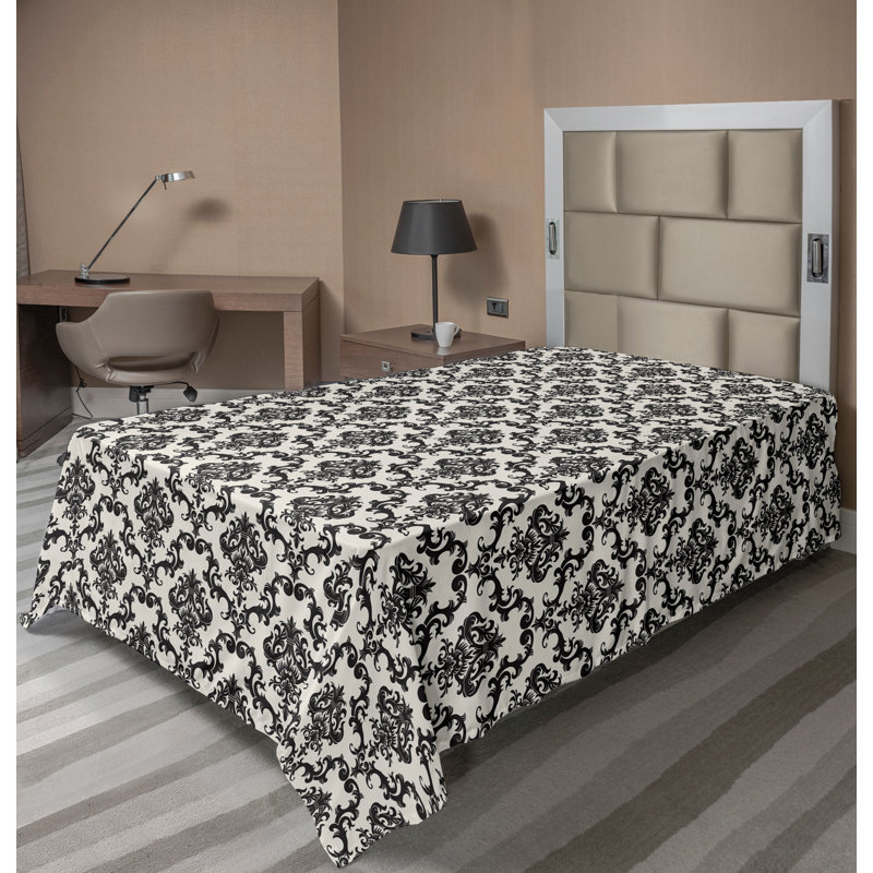 Ambesonne Top Flat Sheet Curving Art, Twin Flat Sheet, Beige Black Damask