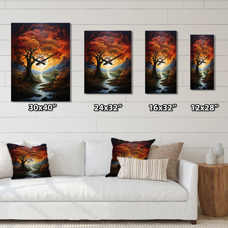 Horloge murale moderne arbre majestueux par Mythical River Sunset, Très grand