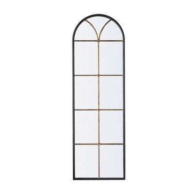 23.5X74.5" Arched Floor Mirror With Black And Gold Windowpane Design