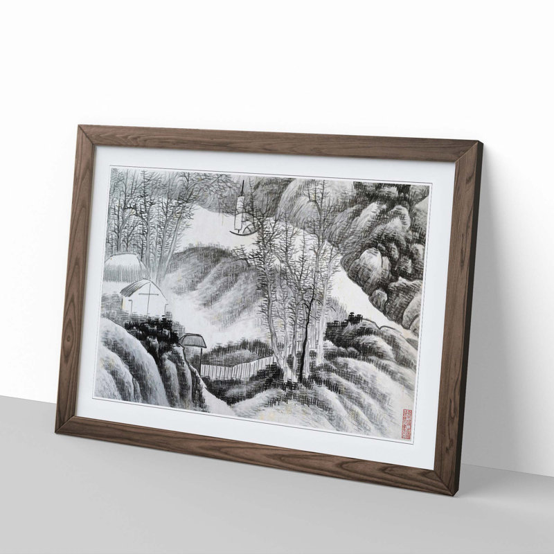 Landscape Vol.6 by Gong Xian - Picture Frame Drawing Print, 48cm H x 65cm W x 2cm D, Walnut Framed