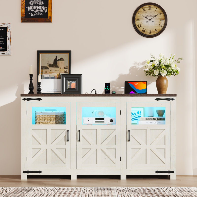 64.2" LED Farmhouse TV Stand For Tvs Up To 70" With Power Outlets And Adjustable Shelves, White/Brown