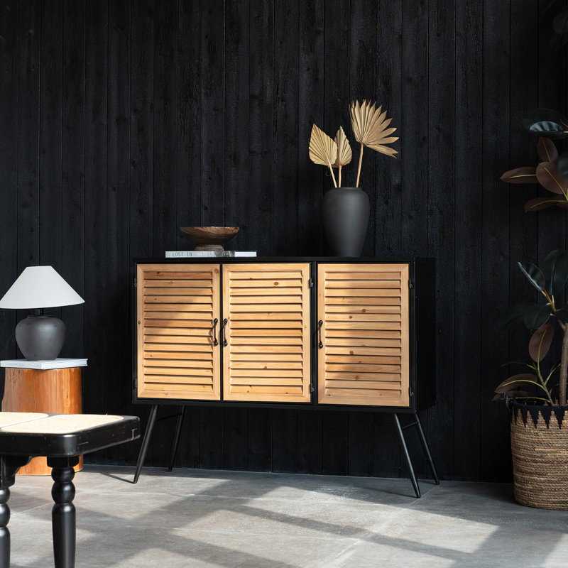 Armoire de rangement industrielle de 43,3 po de largeur, buffet Mid-Century pour salon, salle à manger, entrée, volet en bois