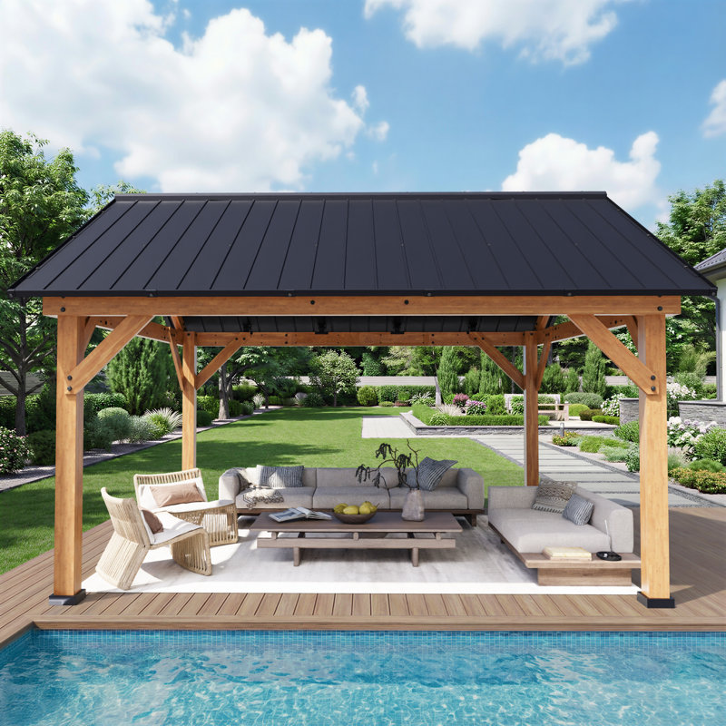 15 Ft. W x 13 Ft. D Solid Wood Hardtop Patio Gazebo, Black, 180"W x 156"D x 120"H