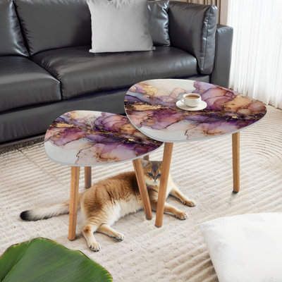 Triangle Nesting Coffee Table Set of 2 Marble purple Alcohol ink technique abstract End Table Modern Minimalist Side Table Set for Living Room Bedroom