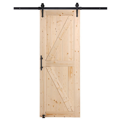 Barn Door And Hardware Kit, 30" X 84" Wood Sliding Barn Door, Smoothly And Quietly, Barn Door Kit With 8-In-1 Floor Guide And Door Handle, Spruce Wood Panelled Slab, Easy To Install