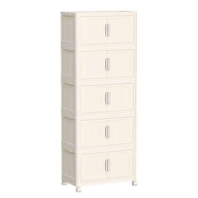19.69" Wide 5-Tier Folding Storage Cabinet With Wheels, Collapsible Plastic Organizer With Magnetic Doors