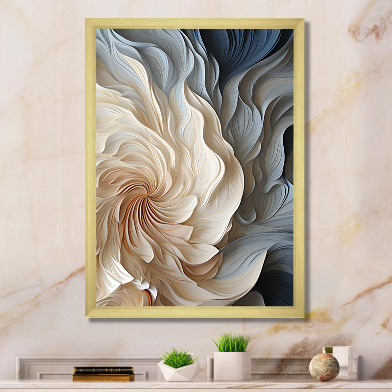 Plume blanche et bleue en spirale II - art abstrait géométrique sur toile, H 40 po x l 30 po, Cadre photo unique, Doré