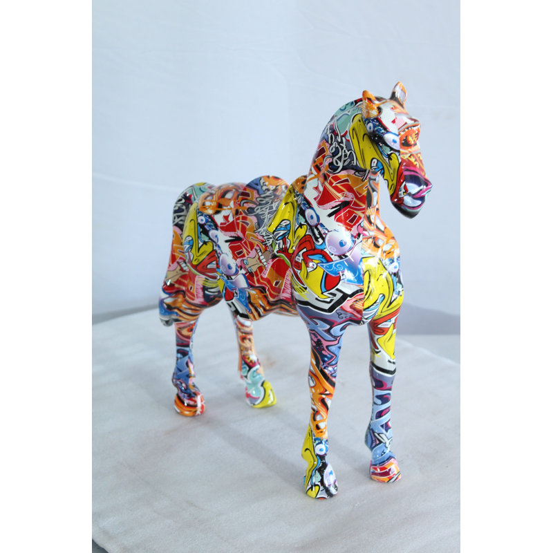 Nifao Resin Horse Statue – Hand-Painted Abstract Graffiti-Style Figurine with Built-in Saddle, Colorful Modern Home & Office Decor Accent, Durable Resin Sculpture 14" x 5" x 15"H