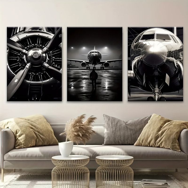 Reproduction d'art sur toile 3 pièces Industrial Air Plane Tarmac - Bold Living Space, 36 * 24 pouces 3 pièces