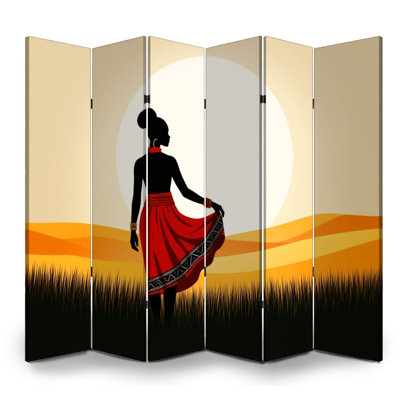 6 Panels Folding Screen Room Divider Royal African Woman Red Skirt Sunset Wildlife Canvas Screen Room Separator Freestanding Protective Wall Divider Privacy Partition