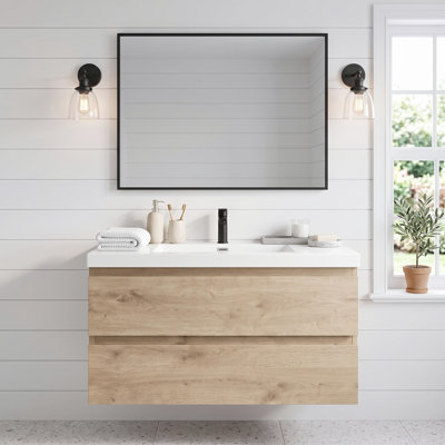 Meuble-lavabo suspendu de 91 cm (36 po) en mélamine en bois avec lavabo intégré en résine, armoire de salle de bain en bois naturel avec tiroirs à fermeture douce et poignées invisibles