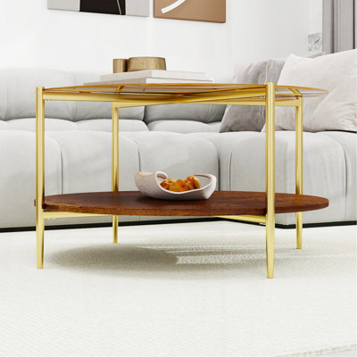 Table basse ronde moderne dorée double couche + verre trempé + rangement et décoration + 32,28 po de diamètre + couleur or