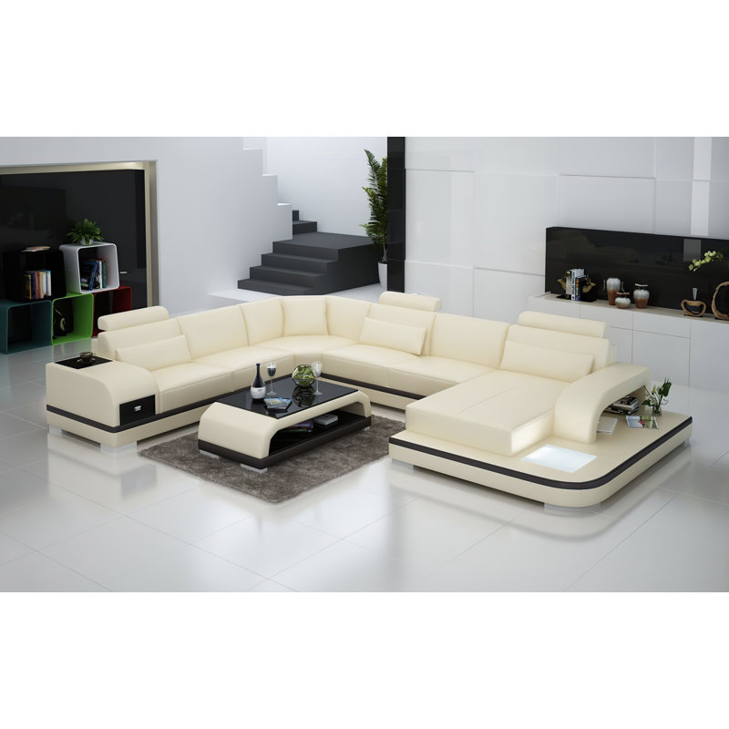 Canapé modulaire en cuir Ariyani, Face à la gauche, Beige / brun foncé