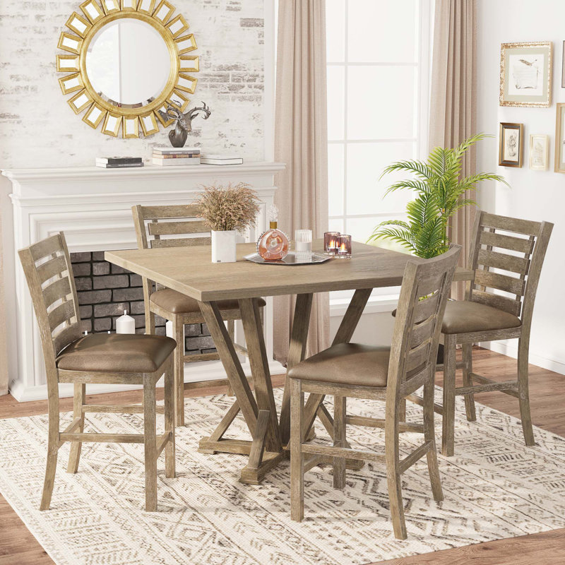 5Pcs Set Counter Table Set Square Counter Table Modern Farmhouse Rustic Look Distressed Look