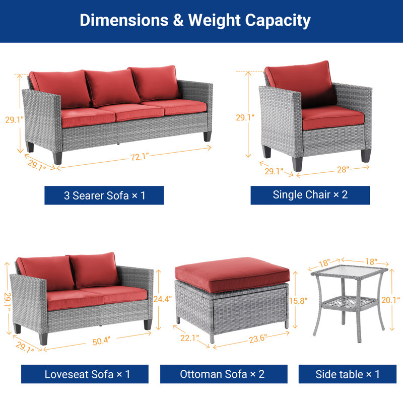 7-Piece Rattan Patio Set,  All Weather Wicker Chair w/Removable Cushion and Sturdy Frame, Brick Red, Gray