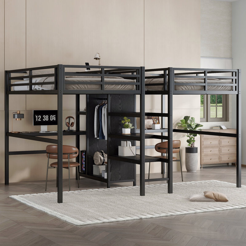 Twin Over Twin Metal Material Loft Bed Frame With Double Desk And With Built-In Wardrobe Storage And Shelves With Electrical Outlet For Space Saving And Noise Reduction,In Black Finish