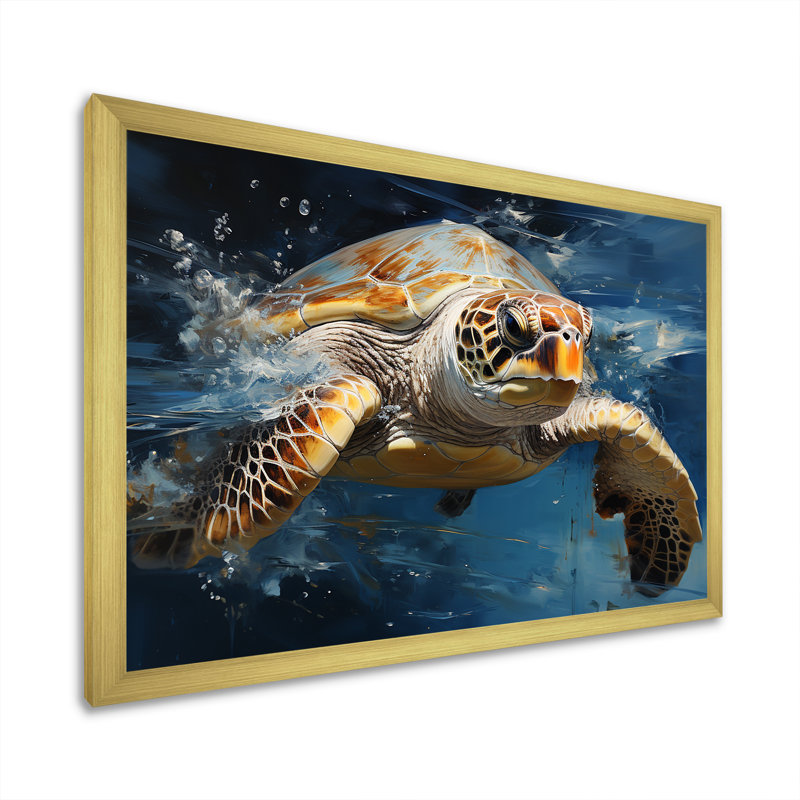 Tortue de marée, art mural tortue océanique I, Cadre doré à coins fermés, H 16 po x l 32 po x P 1 po