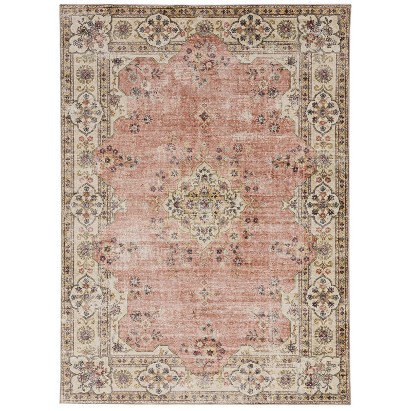 Delacroy Machine Washable Pink and Ivory Area Rug, Rectangle 3' x 5'