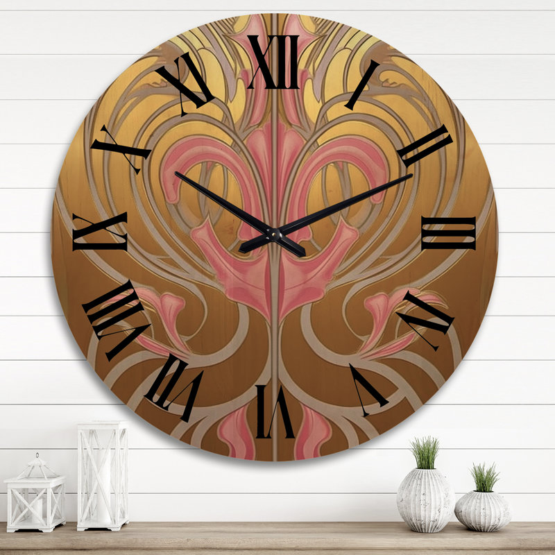Horloge murale Art Nouveau géométrique en or et rose, Très grand