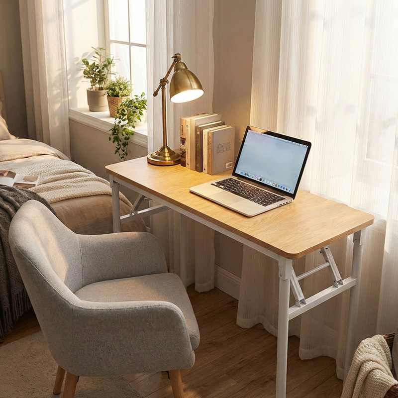 Folding Metal Frame Office Desk, Nature Wood/White, 75cm H x 80cm W x 40cm D