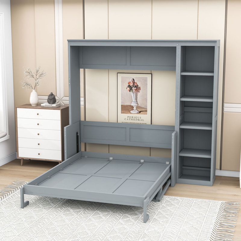 Lit escamotable mural Ell Elletsville avec tablettes, gris, Grand, 1 Bed and 1 Side Cabinet Storage Shelf