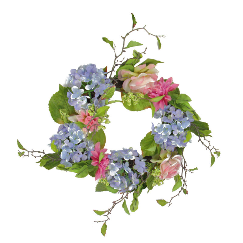 Couronne de fleurs d'hortensia et de roses artificielles bleues 24 po