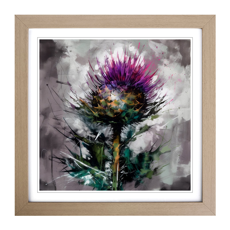Thistle Gestural Art No.2 - Single Picture Frame Print on Wood, Oak