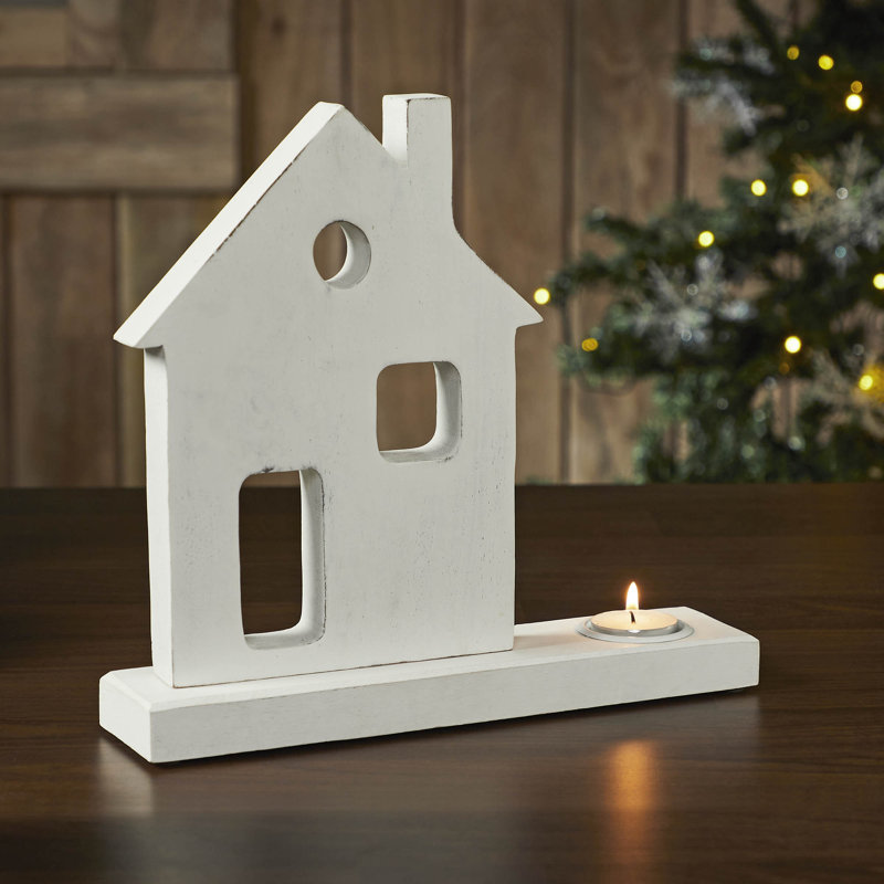 Festive Finds Tealight Holder Village House White, 9" H x 8.25" W x 2.25" D
