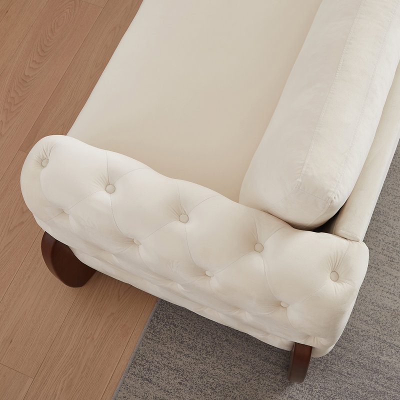 Canapé classique en velours capitonné, pieds en bois courbés, 2 pièces, Beige