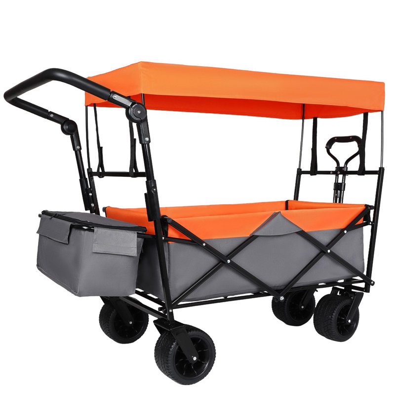 Avec poignée-poussoir, chariot pliable de 480 lb avec auvent, chariot avec roues tout-terrain de 7 po, chariot pliable léger, grande capacité pour le camping, le magasinage, les sports et le jardin, orange