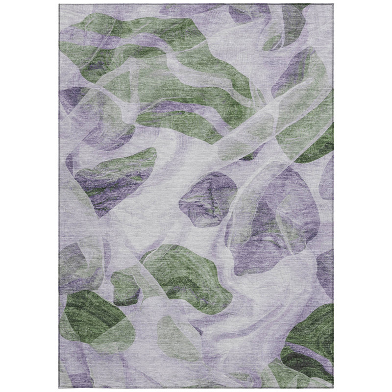 3' X 5' Lavender And Green Abstract Washable Indoor Outdoor Area Rug