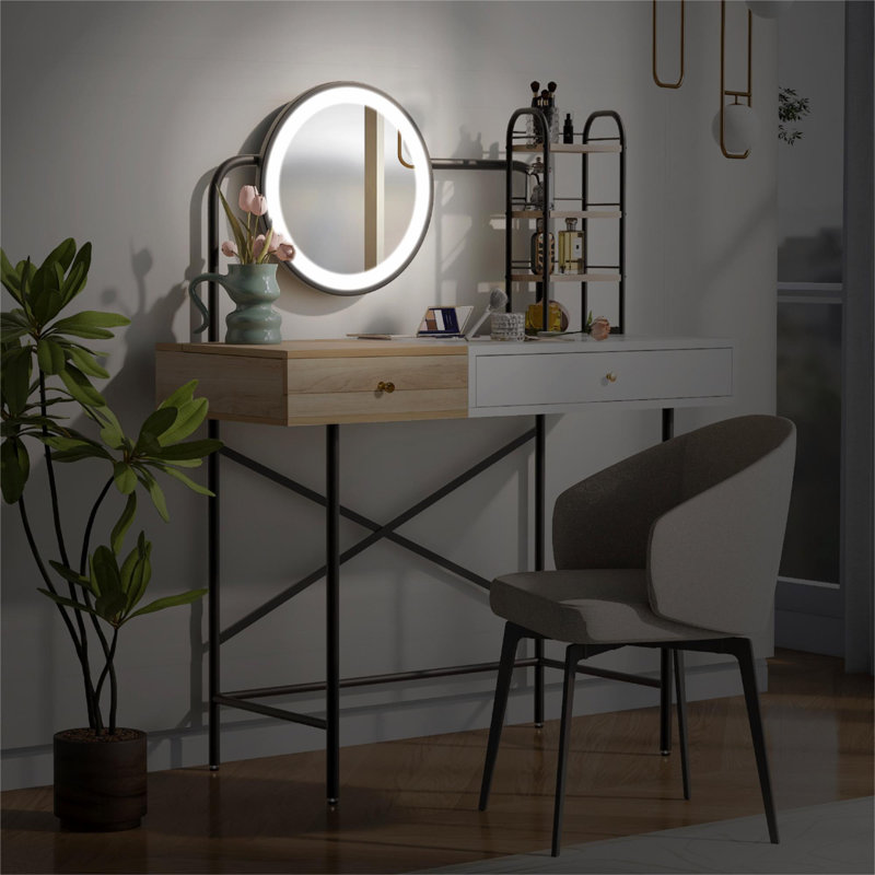 Meuble-lavabo de 40 po avec miroir éclairé 3 modes, station de charge sans fil, table de coiffeuse avec tiroir et 3 tablettes ouvertes pour un grand espace de rangement, coiffeuse pour chambre à coucher, blanc