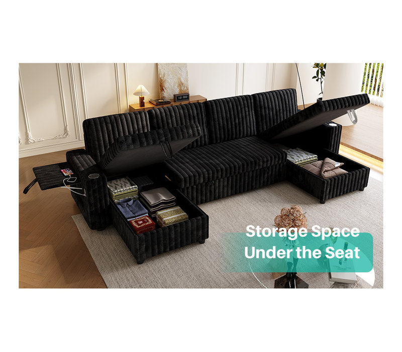 Canapé-lit en forme de U de 122 po avec méridienne double avec rangement, canapé modulaire modulaire avec station de charge et dossier réglable, lit gigogne convertible pour le salon, velours côtelé noir