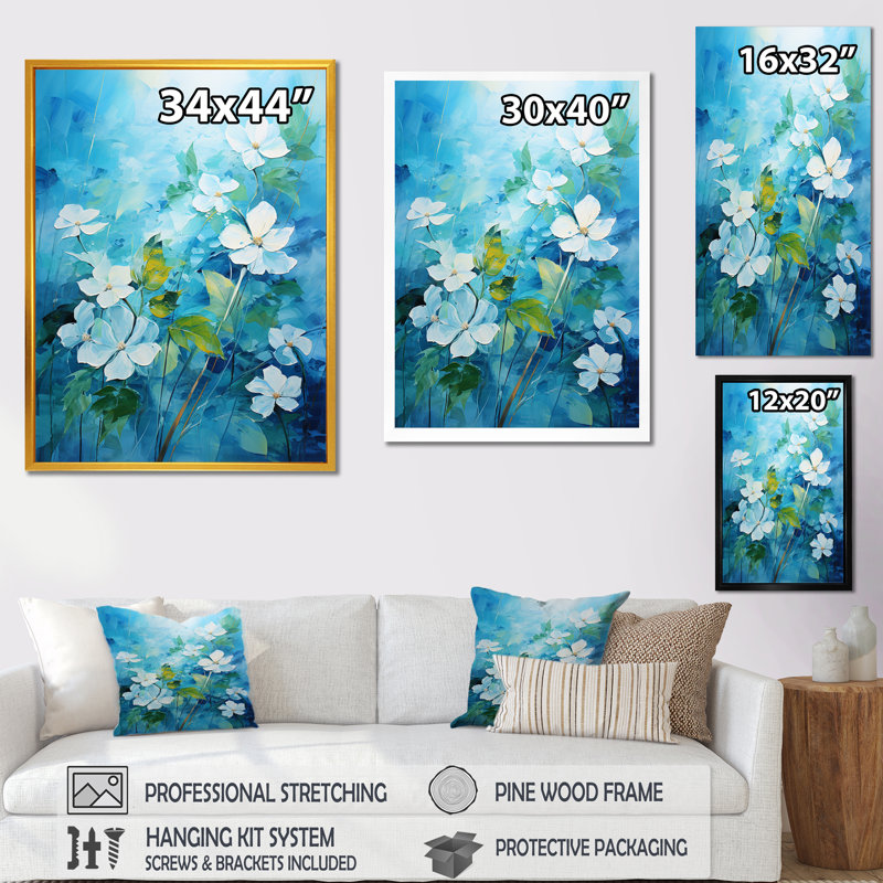«Blue and White Tropical Plants Mirage 2 - Jungle», art mural, Toile tendue, H 44 po x l 34 po x P 1,5 po