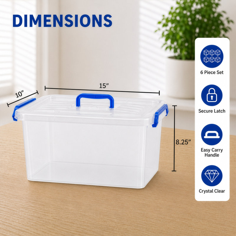 Basicwise Plastic Organizer Box Set - 6 Pack Stackable Clear Totes with Snap Handles, Latching Lid, Transparent Containers for Home, Garage, Closet, Office Organization - Durable Storage Solution