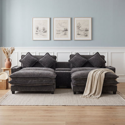 Four Seat Chenille Sectional Sofa with Storage, Ottomans, Charging Ports and Cup Holders