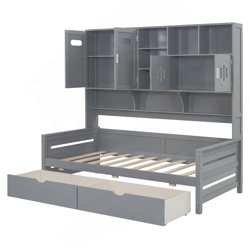 Lit de jour simple en bois avec 2 tiroirs, armoire et tablette tout-en-un, gris, Gris