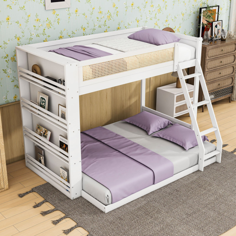 Twin over Full Wooden Bunk Bed with Light Strip and Storage Shelves, White
