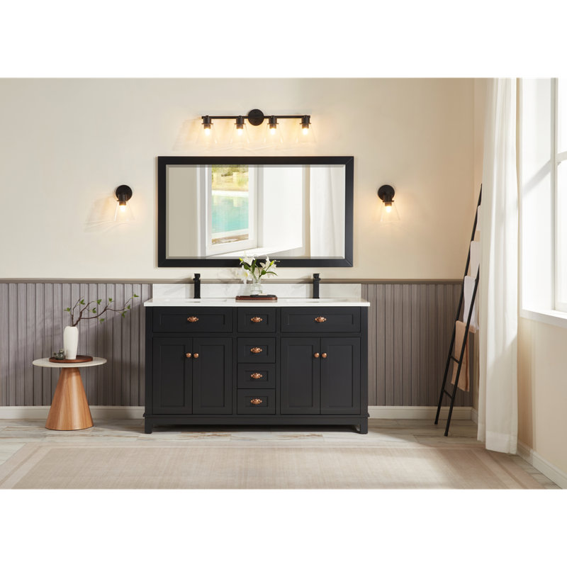 60" Finish Solid Wood Sink Vanity With 1' Artificial Stone Top, Tricorn Black, Rose Gold