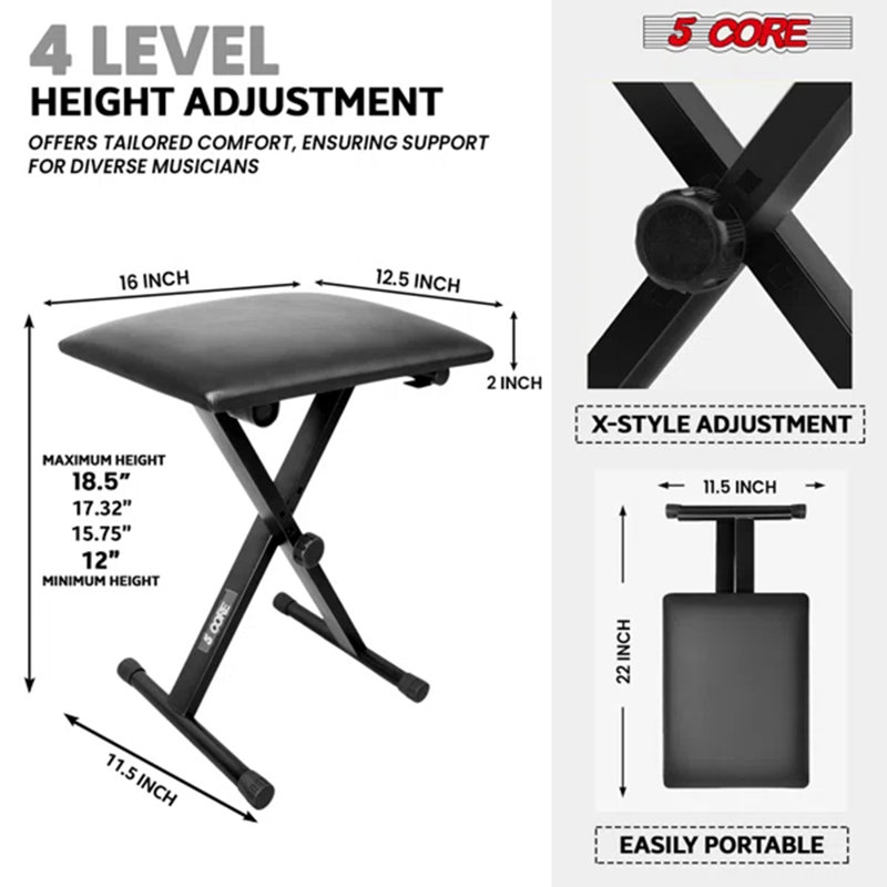 5 Core Keyboard Bench 2 Inch Padded Cushioned Piano Stool Height Adjustable 19" Guitar Seat Portable