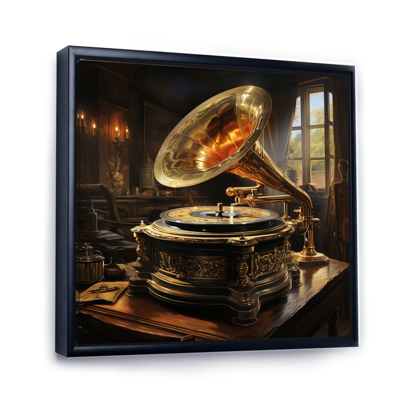 Yellow Black Phonographs Golden Era Melodies - Music Canvas Prints, Cadre flottant noir, H 16 po x l 16 po x P 1 po