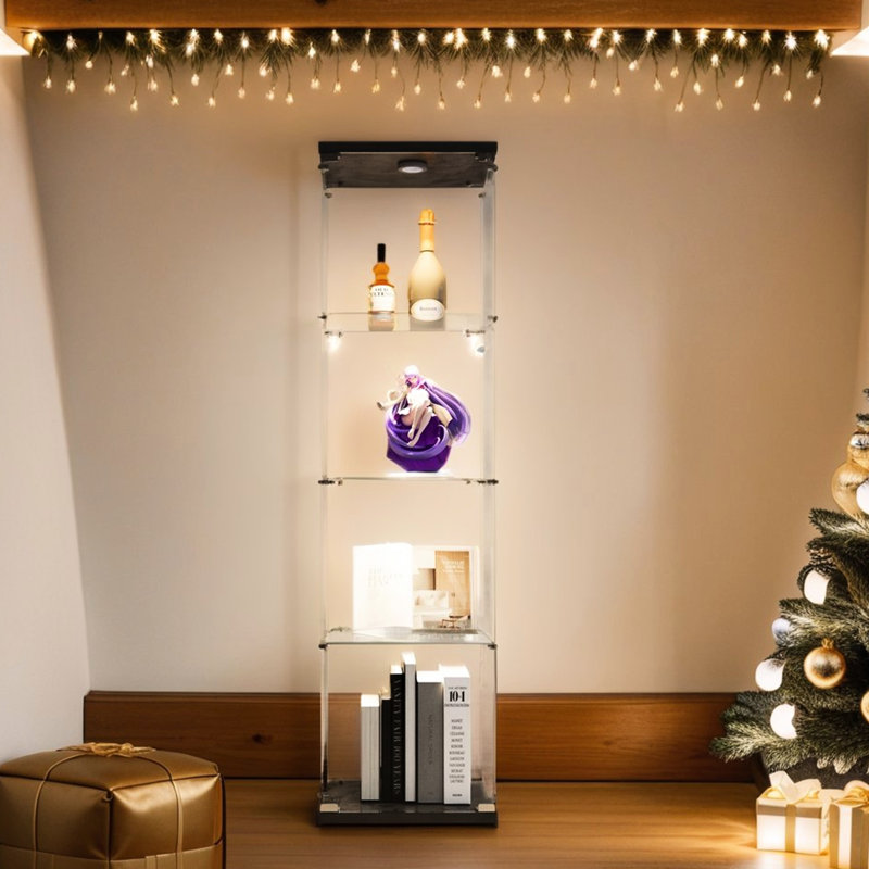 Vitrine éclairée en verre noir à 4 tablettes - pour exposer des objets de valeur et des objets de collection avec coffre-fort