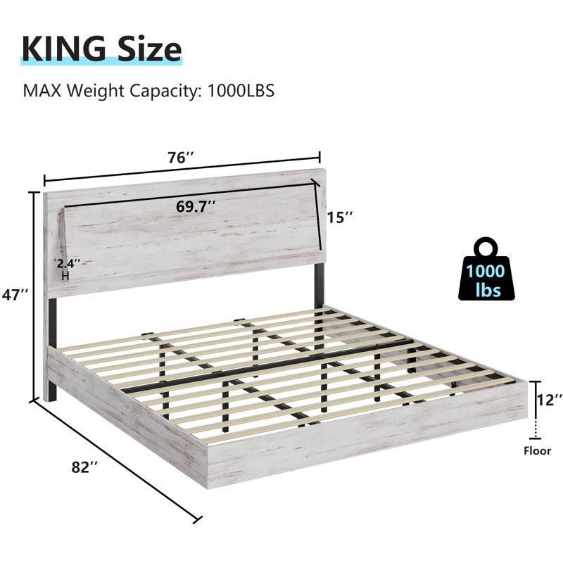 Keynen Farmhouse Floating Bed Frame with LED Light and Headboard, White, King