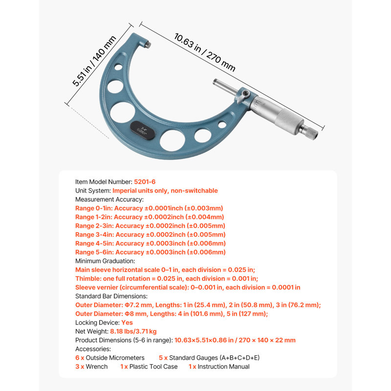 Ensemble de 6 micromètres PCS, micromètre extérieur Machinist 0-1 "/ 1-2" / 2-3 "/ 3-4" / 4-5 "/ 5-6", précision 0,0001, outils Machinist professionnels avec étui Métallurgie et ingénierie