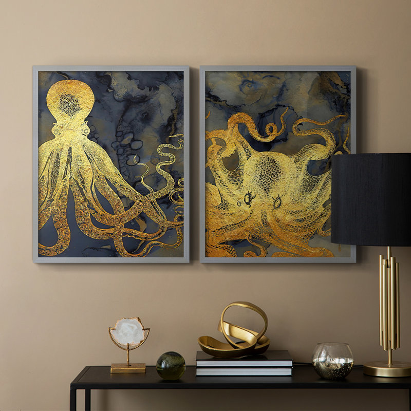 Encre pieuvre dorée et bleue, impression encadrée I-Premium - prête à être accrochée - aucun clou requis - aucun clou requis
