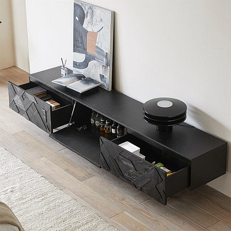 Meuble télé noir en bois massif, 20.1”H x 70.9”L x 17.7”W