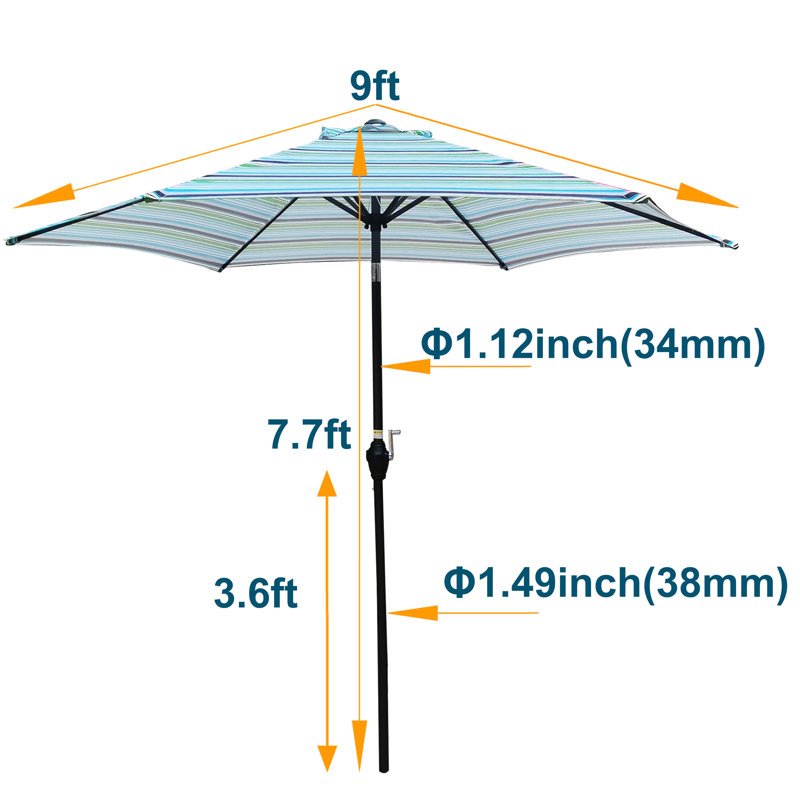Parasol de patio de 9 pi à rayures bleues, forme de pavillon hexagonal, protection 40+ Upf, inclinaison à bouton-poussoir, système de manivelle, évent pour stabilité, parasol extérieur, auvent rayé, levage à 45 degrés, poteau en acier et