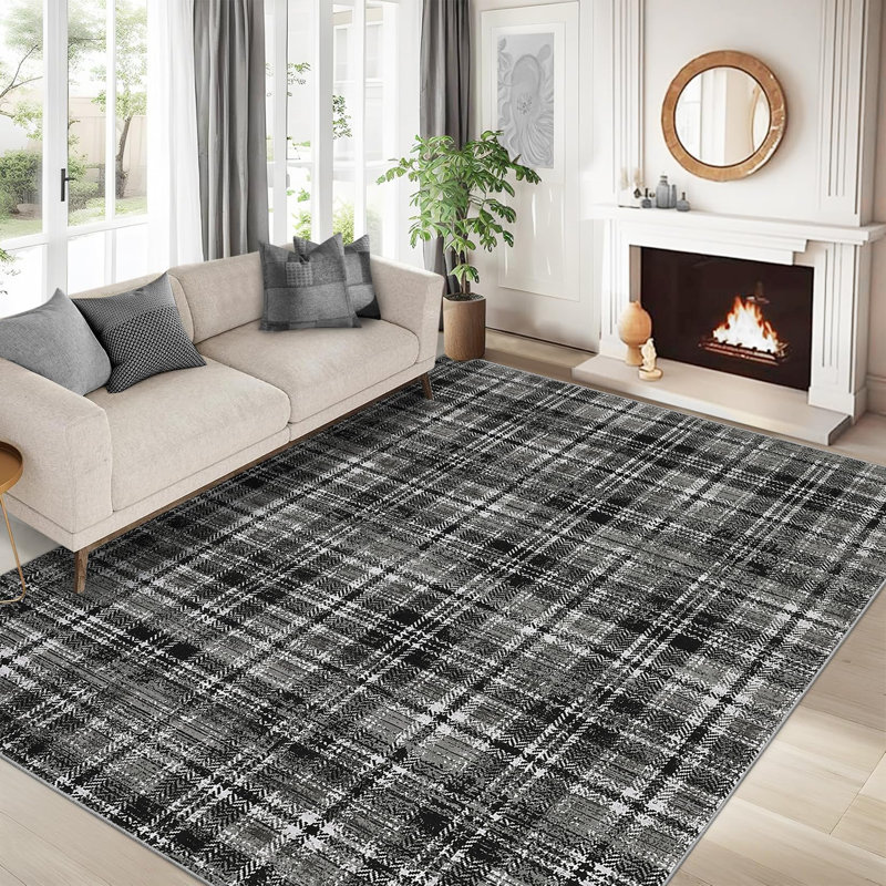 Washable Area Rugs for Bedroom Modern Area Rug for Living Room Contemporary Plaid Non Slip Large Rug Low Pile Stain Resistant Carpet for Playroom Classroom