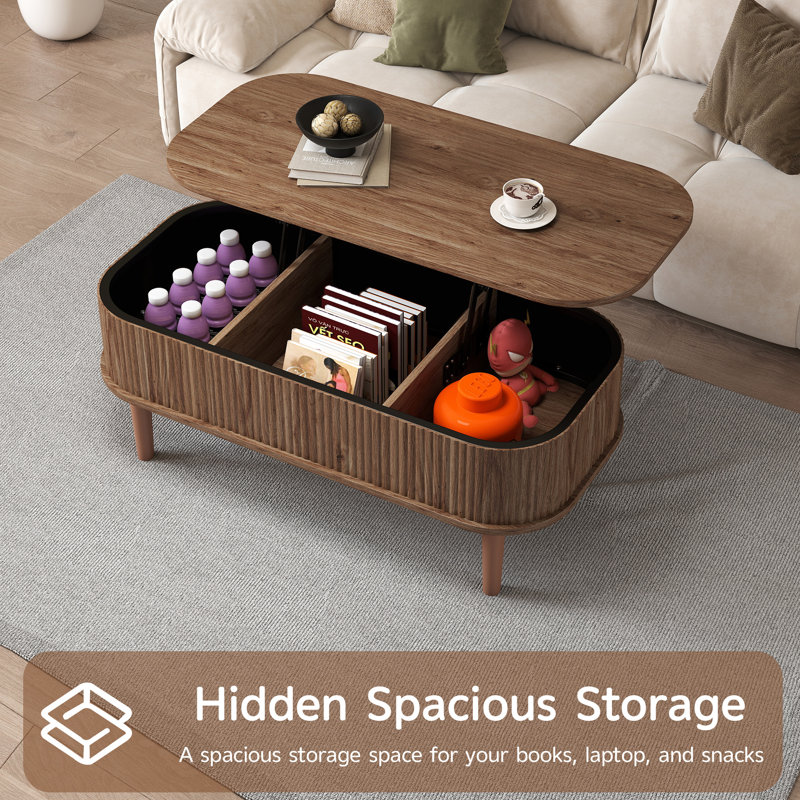 Coffee Table, Fluted Lift Top Coffee Tables for Living Room, Center Tables with Hidden Compartment, Modern Oval Coffee Table for Home Office, Walnut
